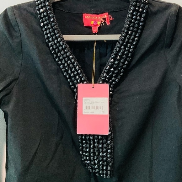 NWT Vtg Anthropologie Manoush Beaded Black Tunic Top Whimsy Goth V-Neck Size 6 - Picture 3 of 3
